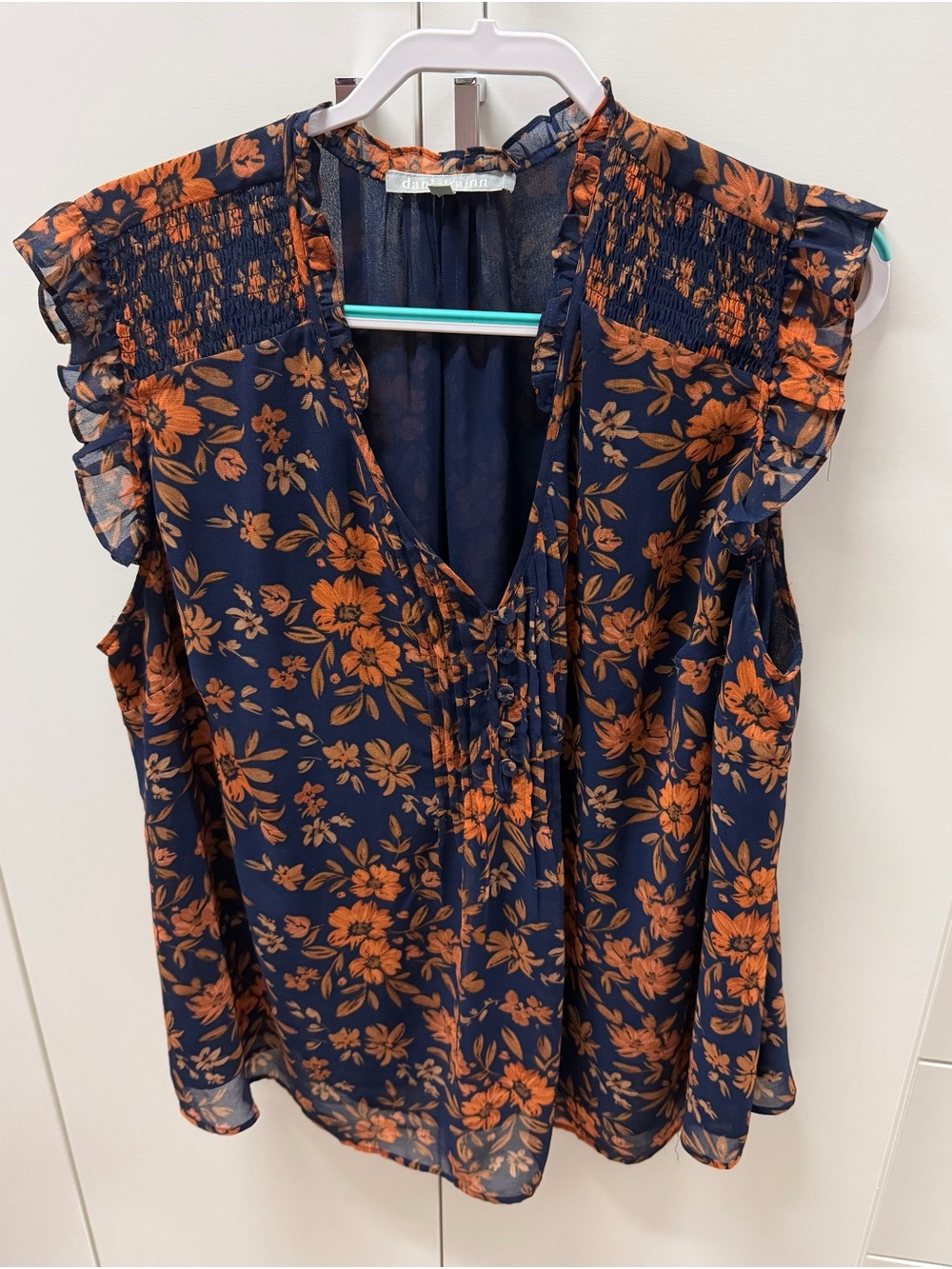 Daniel Rainn Navy & Orange Floral Ruffle Sleeve V-Neck Top, Women’s 3X